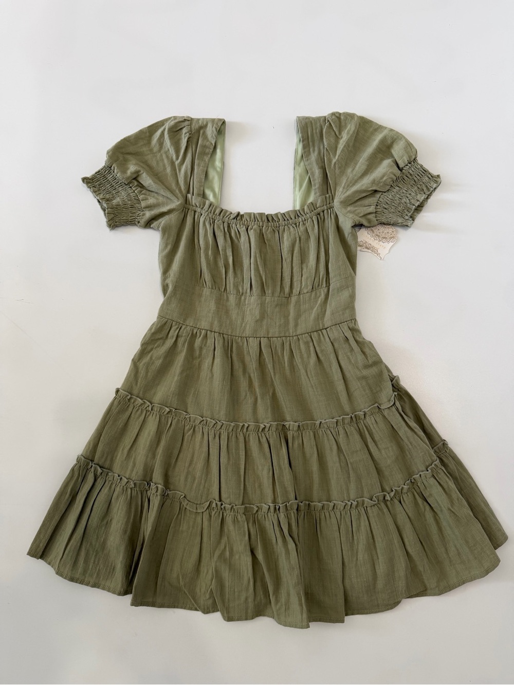 Altar’D State Small Olive Green Tiered Puff-Sleeve Mini Dress